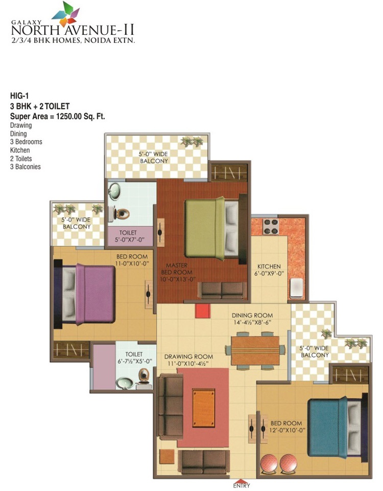 The floor plan size of Galaxy Noth Avenue 2 3 BHK Flats is 1225 sq ft.