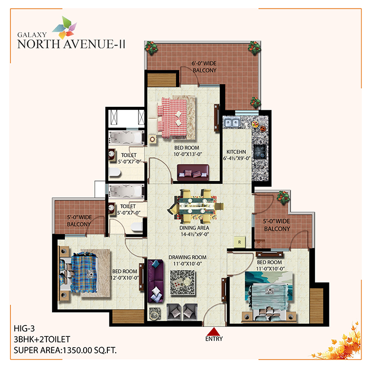 The floor plan size of Galaxy Noth Avenue 2 3 BHK Flats is 1350 sq ft.