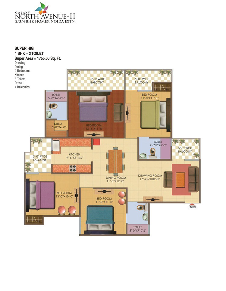 The floor plan size of Galaxy Noth Avenue 2 4 BHK Flats is 1755 sq ft.