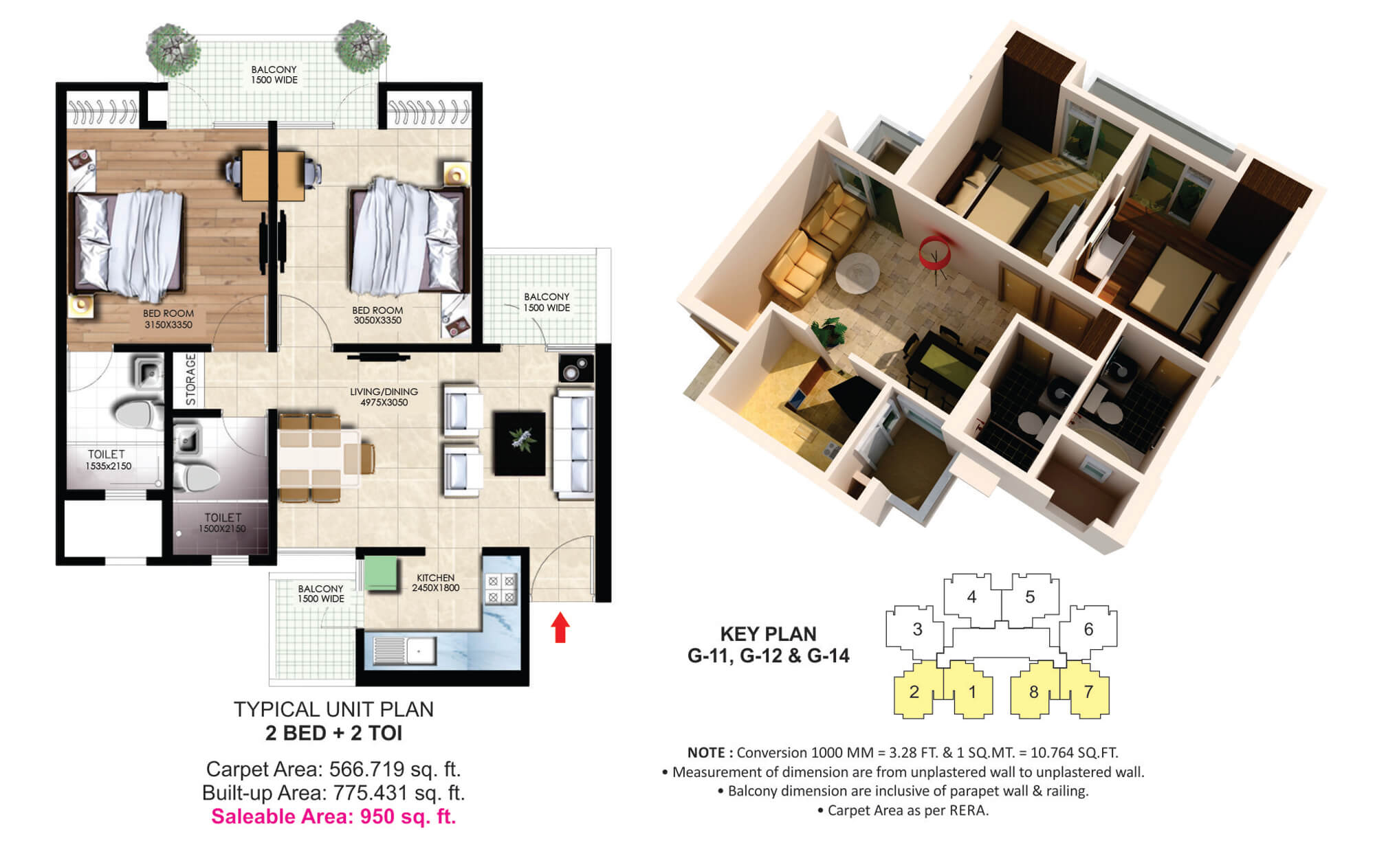 The floor plan size of 2 BHK Flat is 950 sq ft.