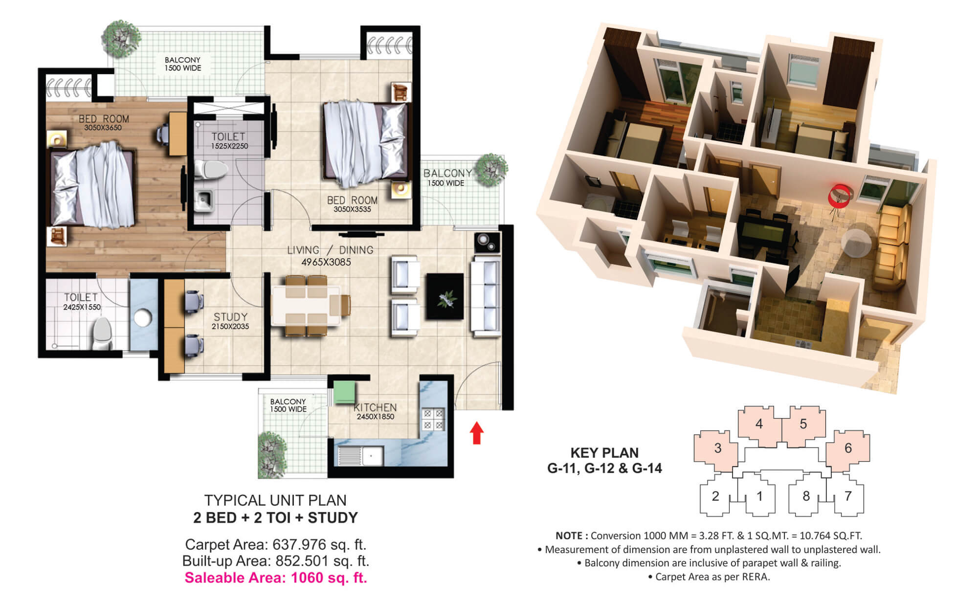 The floor plan size of 2 BHK Flat is 1060 sq ft.
