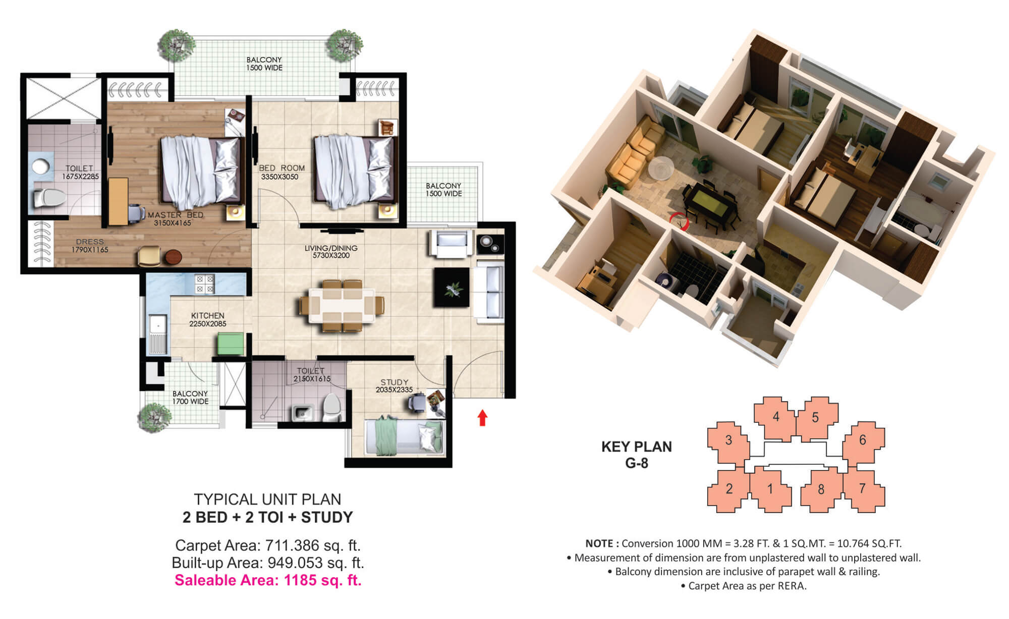 The floor plan size of 2 BHK Flat is 10185 sq ft.