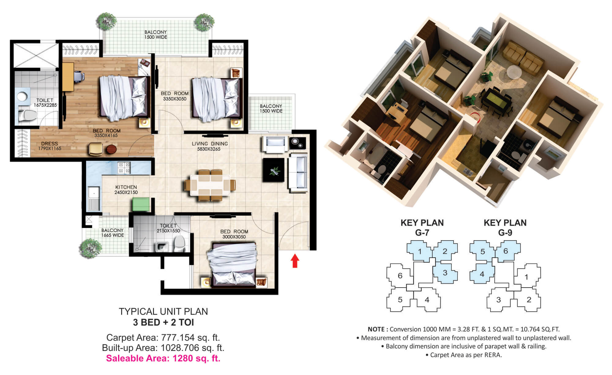 The floor plan size of 3 BHK Flat is 1280 sq ft.
