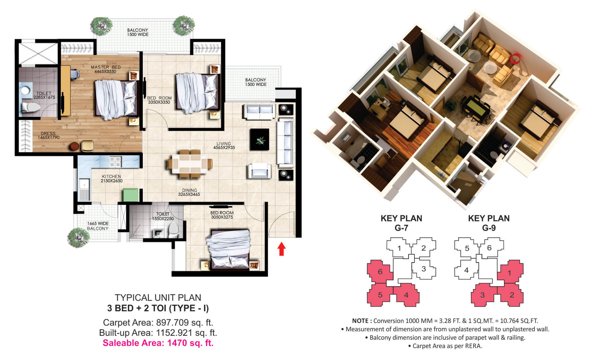 The floor plan size of 3 BHK Flat is 1470 sq ft.