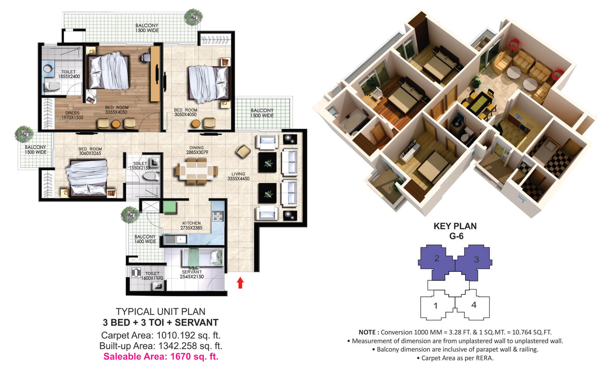 The floor plan size of 3 BHK Flat is 1670 sq ft.