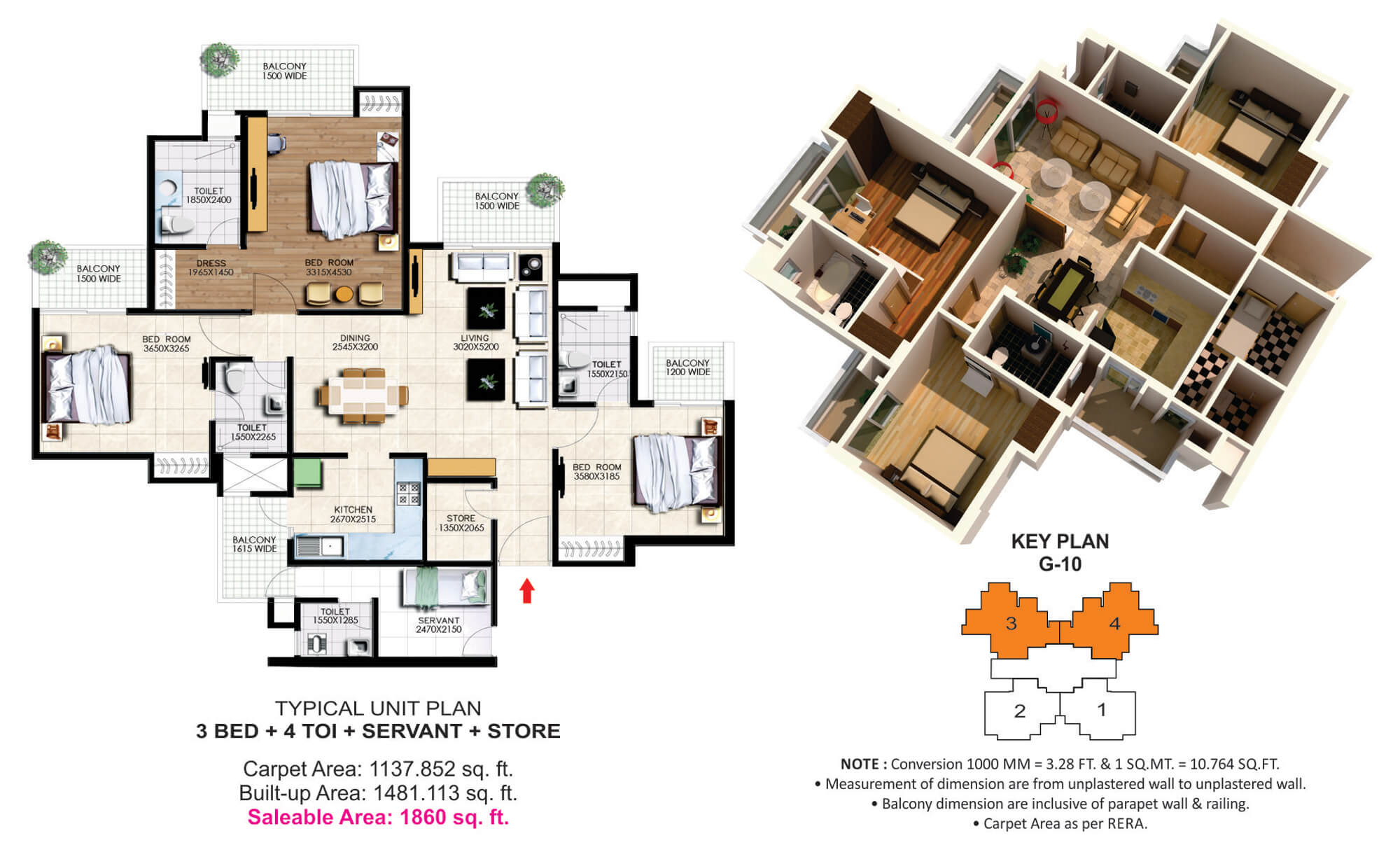 The floor plan size of 3 BHK + servant + store Flat is 1860 sq ft.