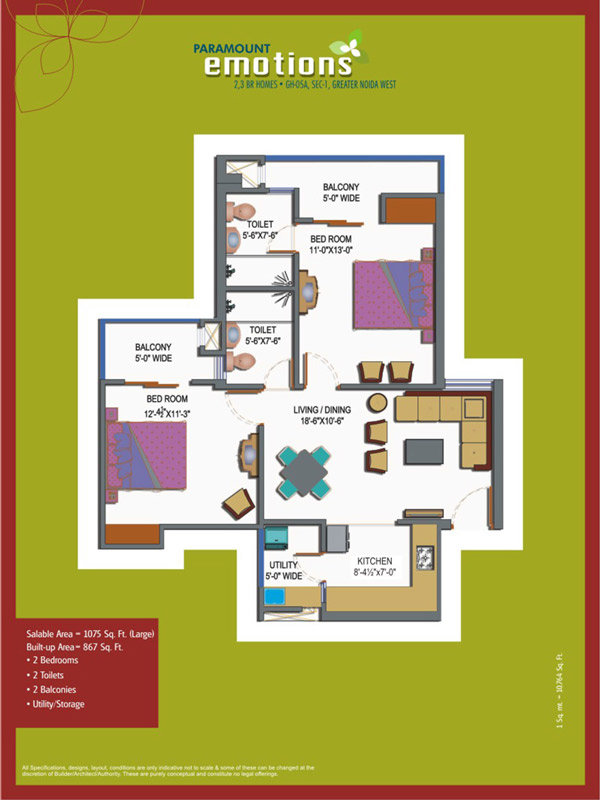 The floor plan size of Paramount Emotions 2 BHK Flat is 1075 sq ft.