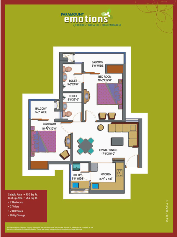 The floor plan size of Paramount Emotions 2 BHK Flat is 950 sq ft.