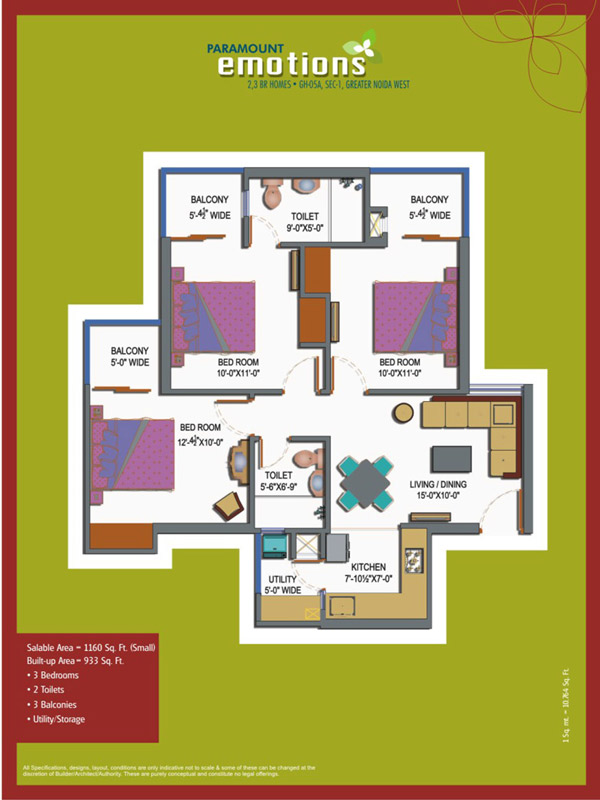 The floor plan size of Paramount Emotions 3 BHK Flat is 1160 sq ft.