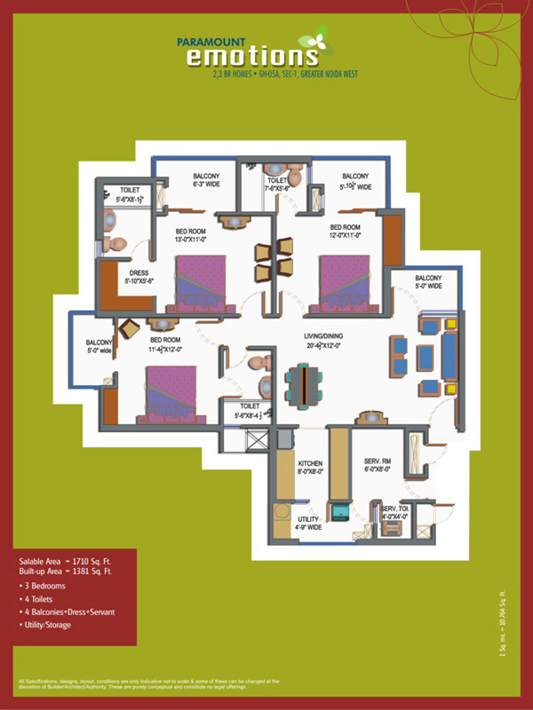 The floor plan size of Paramount Emotions 3 BHK Flat is 1710 sq ft.