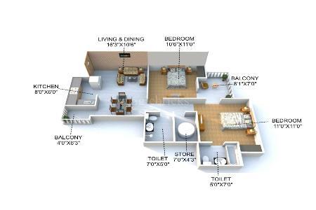 The floor plan size of 2 BHK Flats is 1027 sq ft.