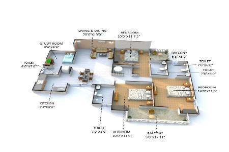 The floor plan size of 3 BHK Flat is 1694 sq ft.
