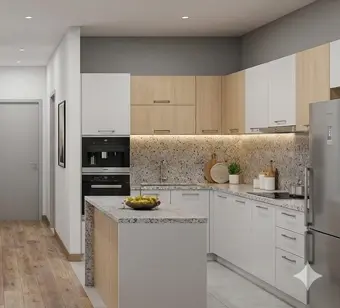 3 BHK Low Rise kitchen Modern kitchen with sleek cabinetry.